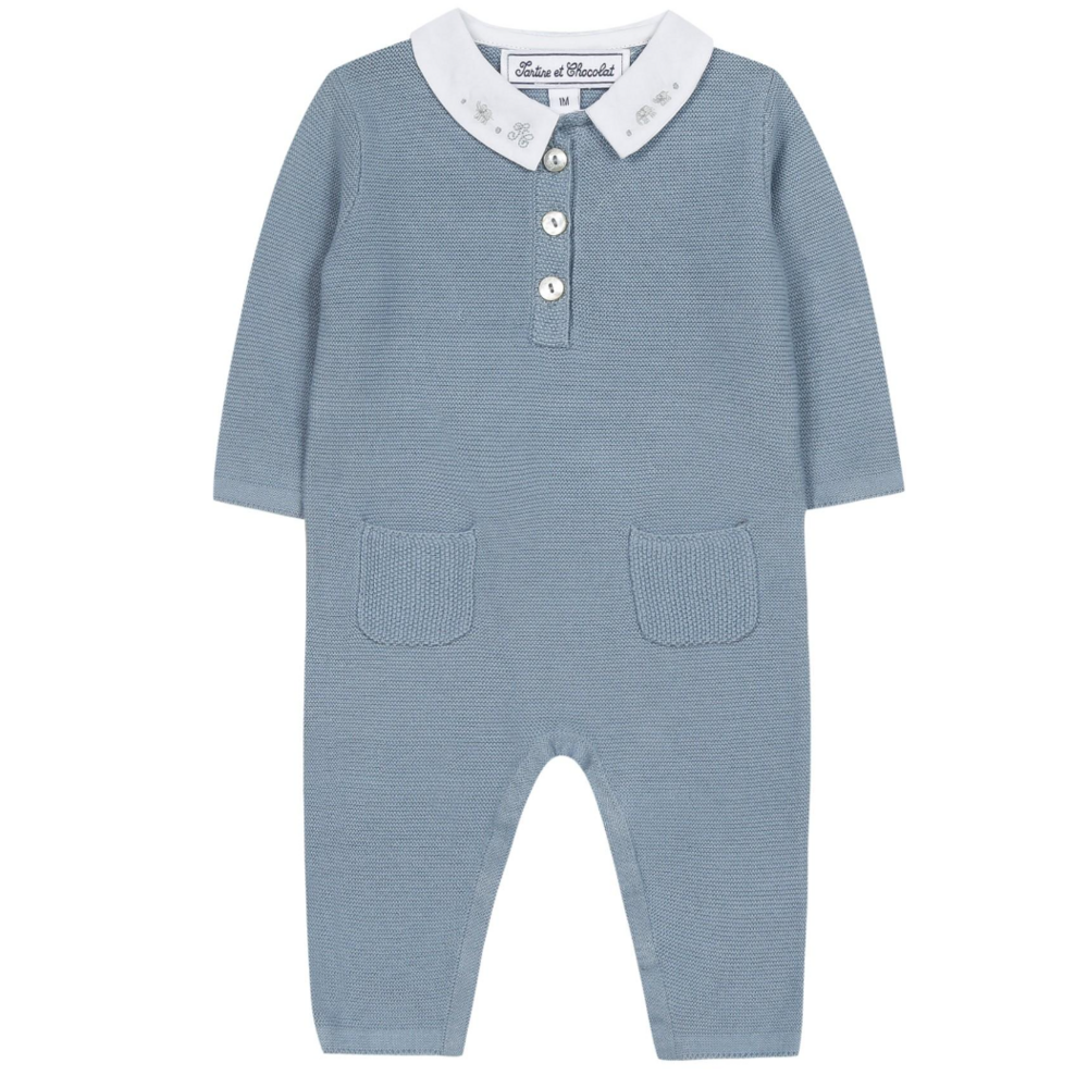 Babypakje tricot Blauw met Wit kraagje