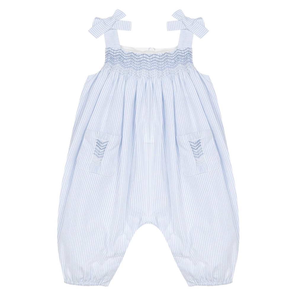 Jumpsuit lichtblauw gestreept met strikjes lichtblauw