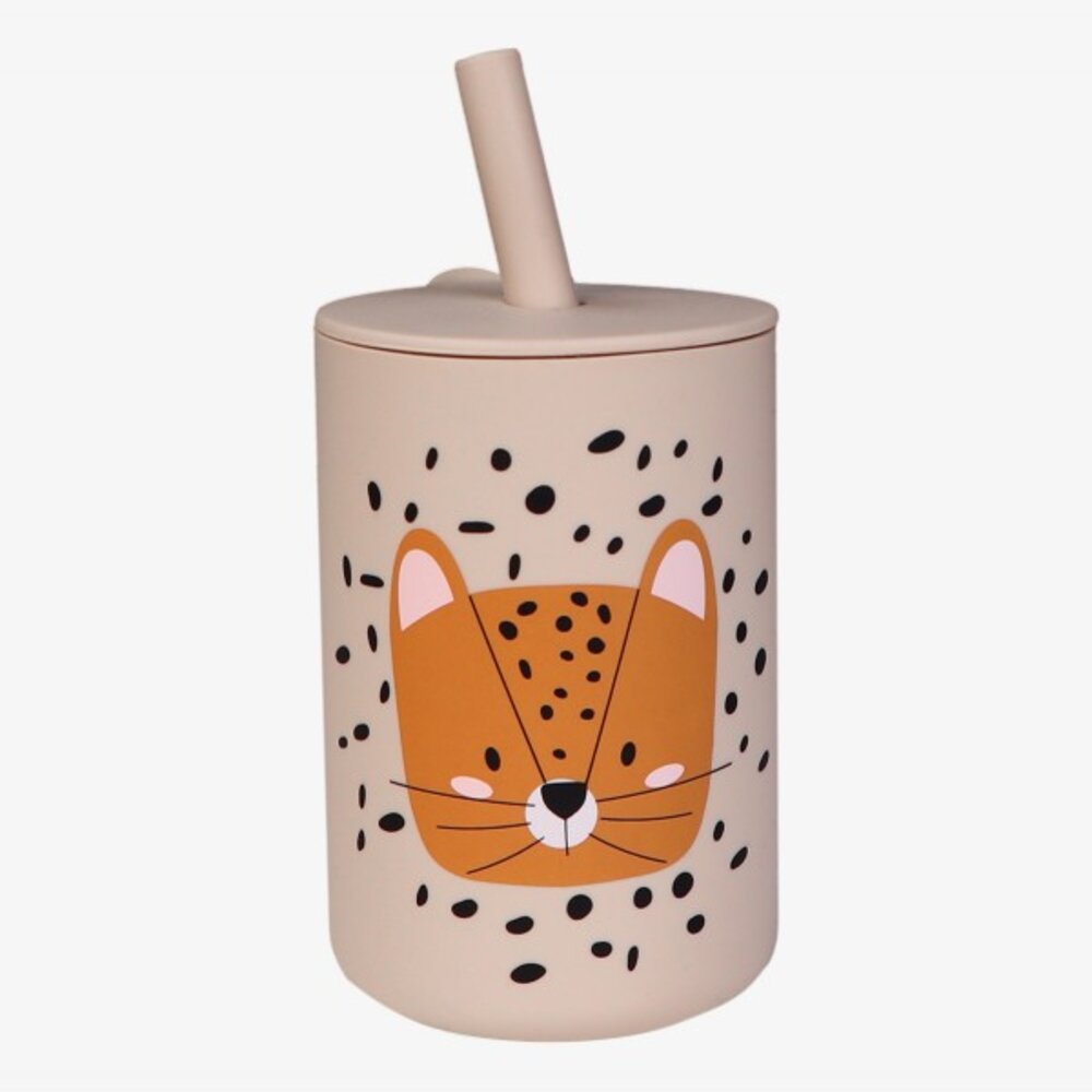 Silicone drinkbeker met rietje Leopard Sand