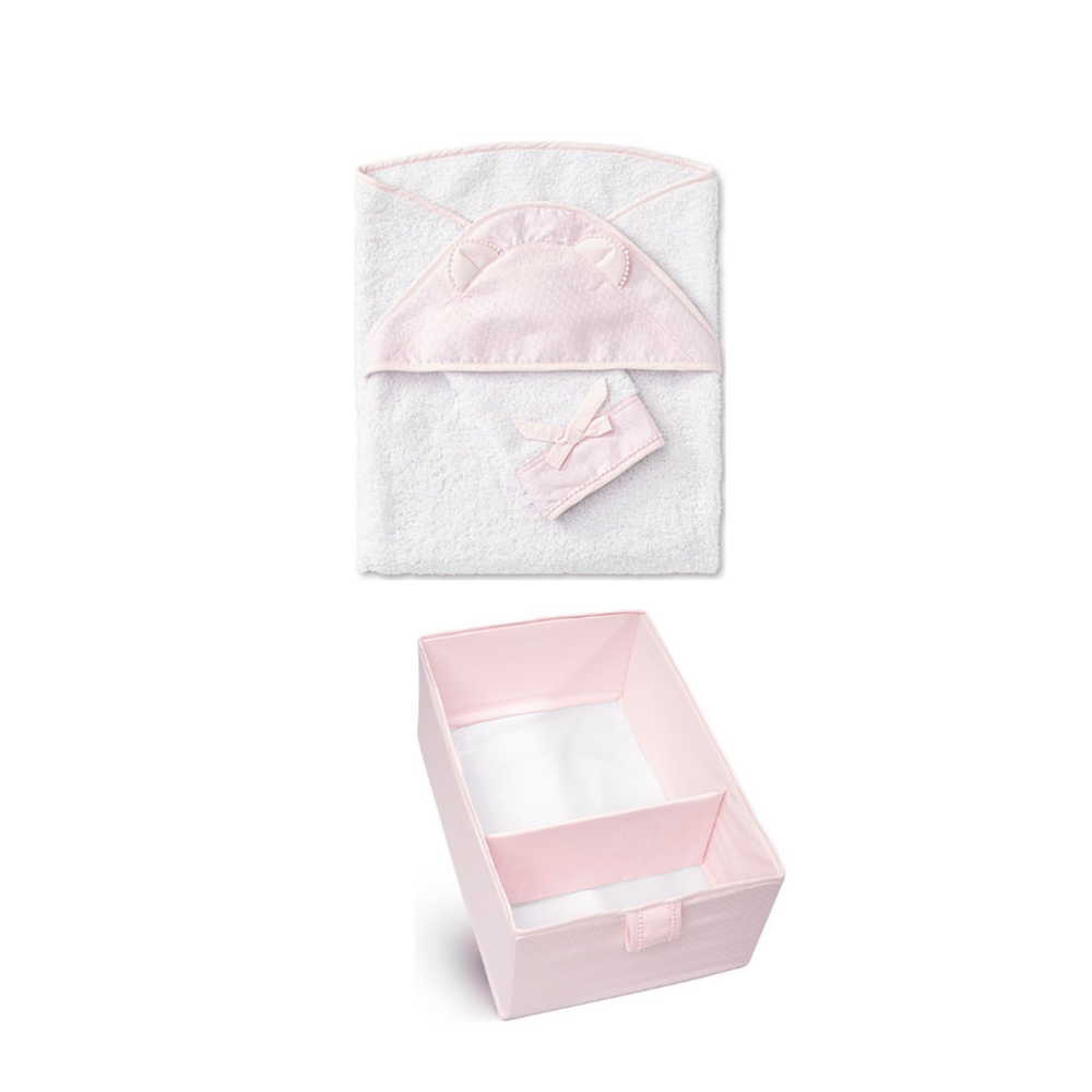 Verzorgingspakket Pretty Pink - Badcape met washandje Arne
 + Opbergmand Dion