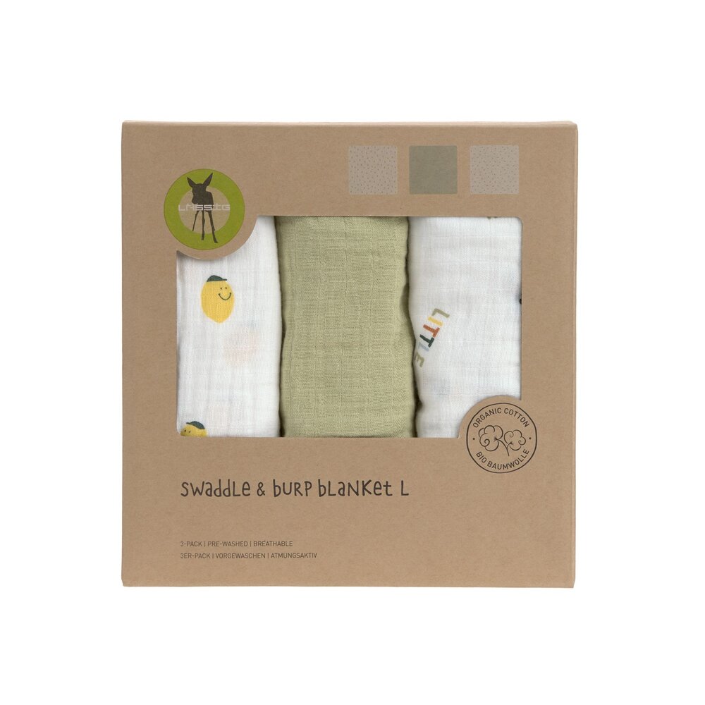 Swaddle & Burp Blanket L GOTS Happy Fruits 3 pcs, 85 x 85 cm Lemon