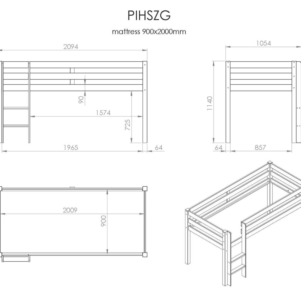 Pino Halfhoogslaper H115cm met Ladder 90 X 200 cm Wit