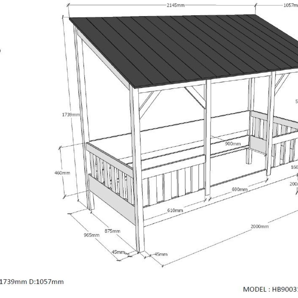 Huisbed schuin dak 90x200cm Wit