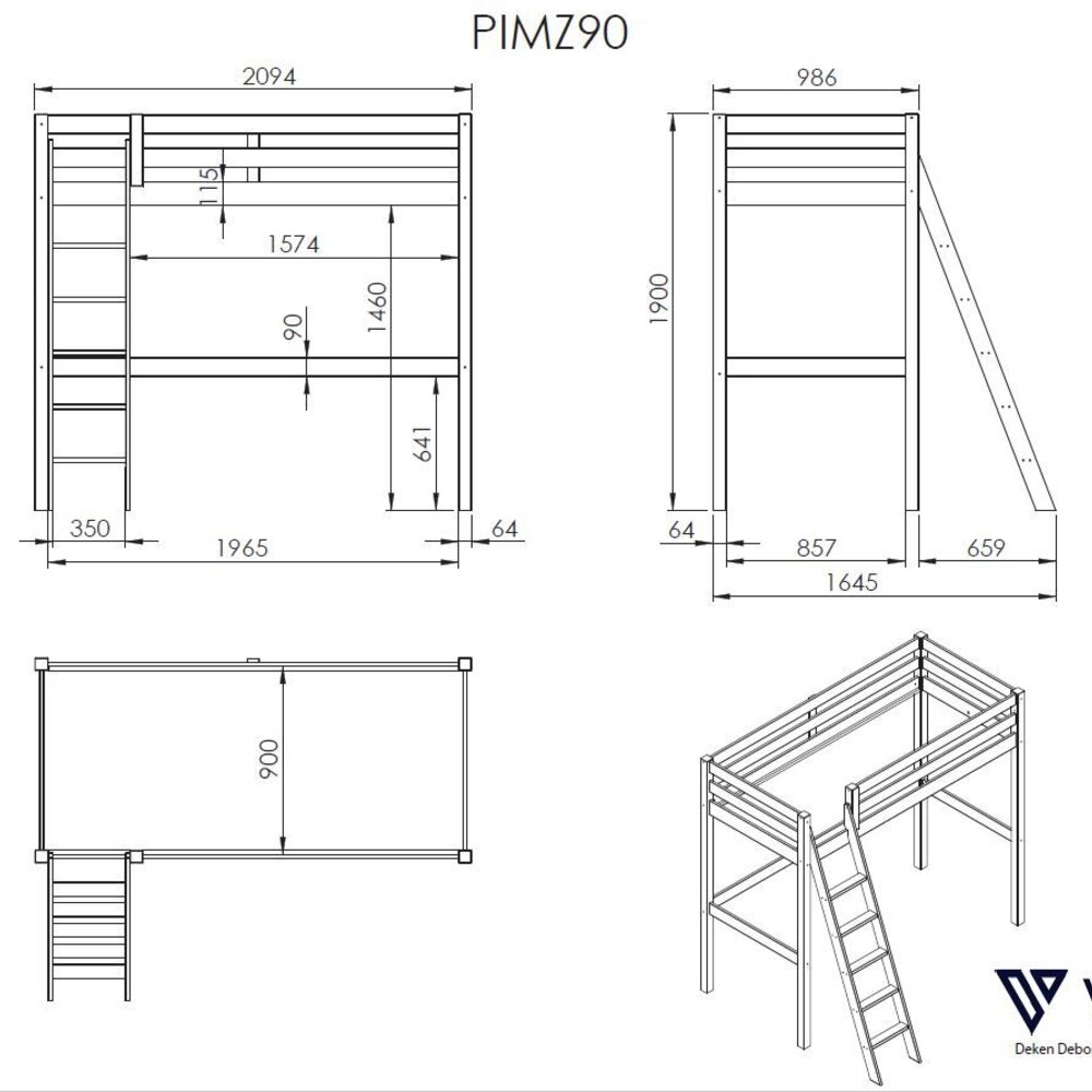 Pino mezzanine bed 90x200cm Wit