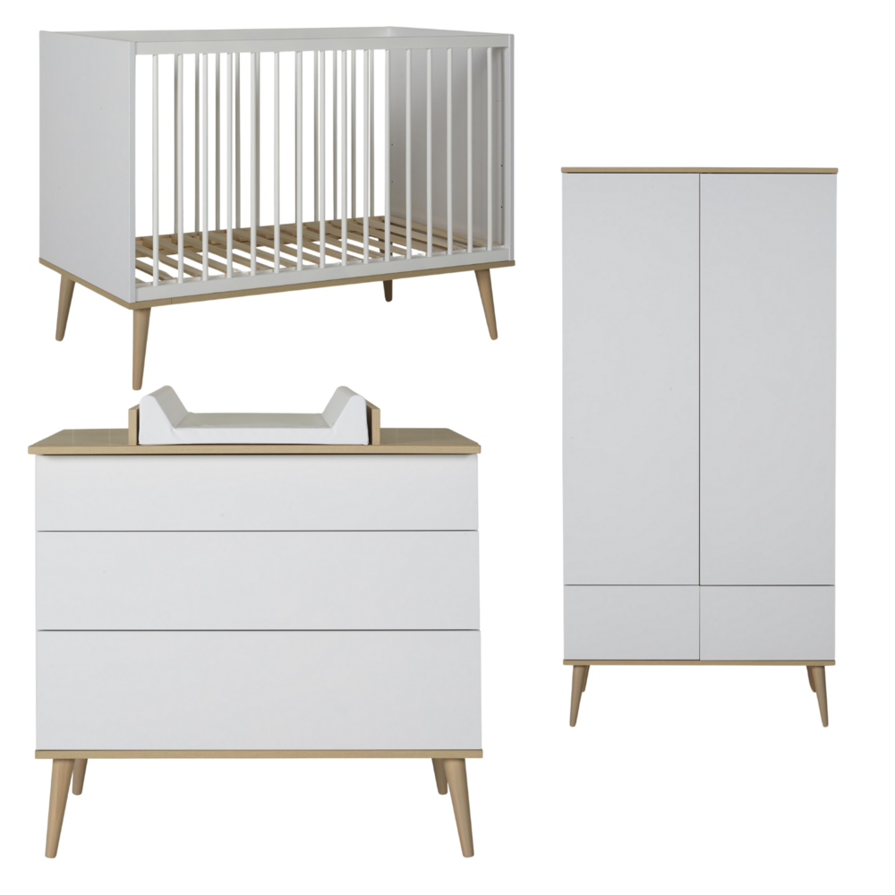 Flow White 3-delige kamer (babybed 70x140+commode+extensie+2-deurskast)