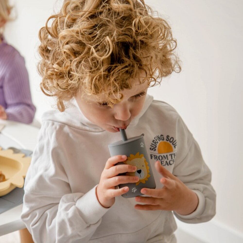 Silicone drinkbeker met rietje Lion Dusty Blue