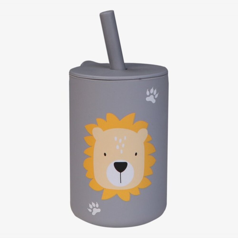 Silicone drinkbeker met rietje Lion Dusty Blue