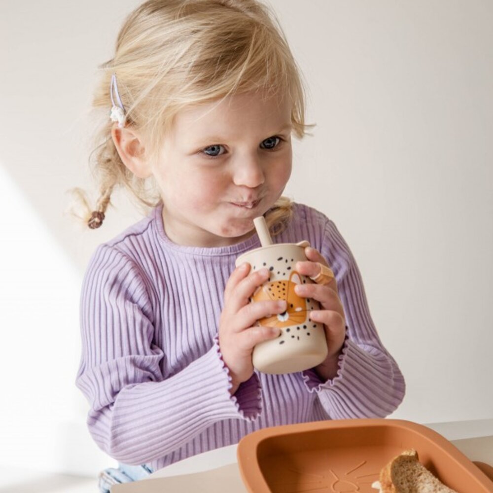 Silicone drinkbeker met rietje Leopard Sand