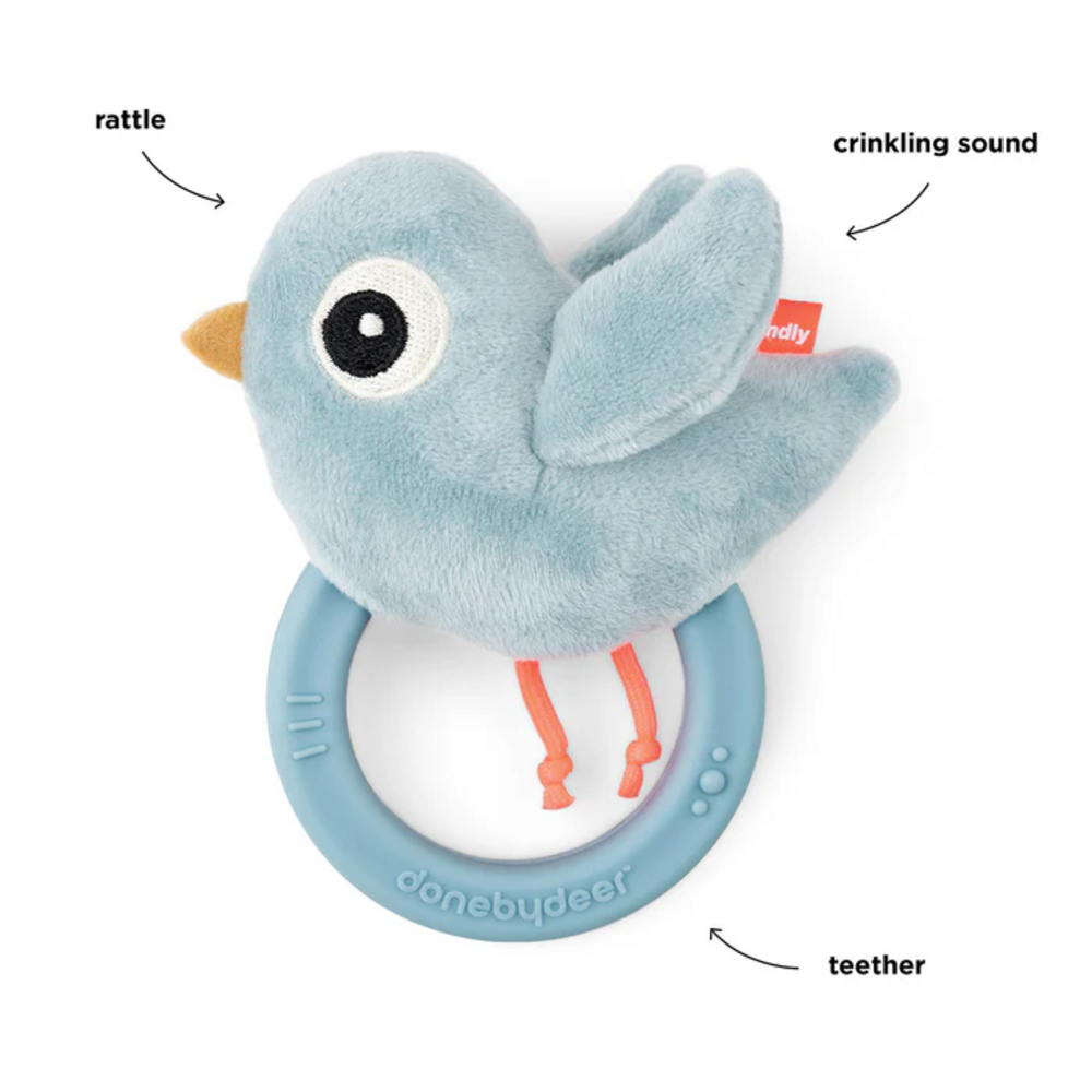 Sensory rammelaar/bijtring Birdee Blue