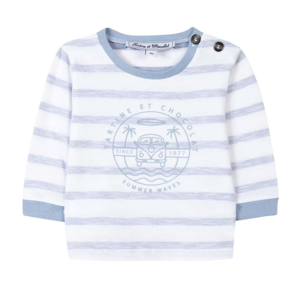 T-shirt wit/lichtblauw gestreept met lange mouw Wit