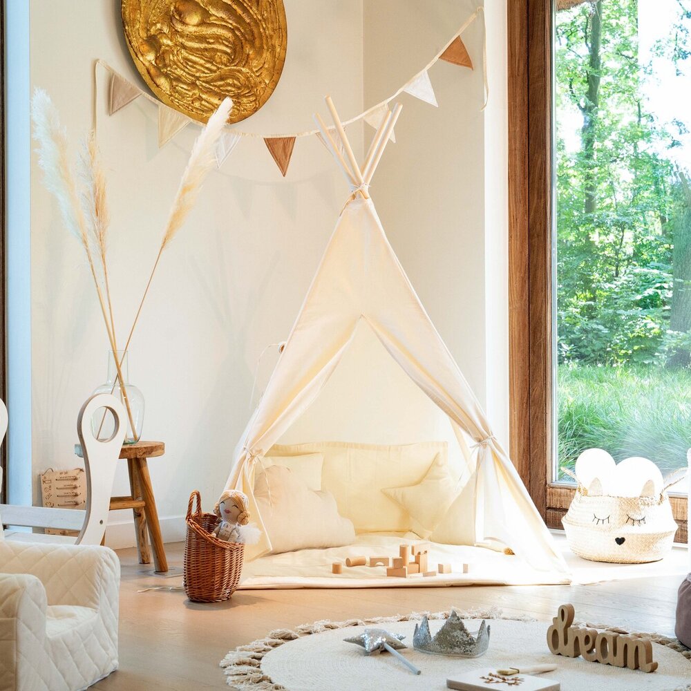 Tipi tent katoen + 2 kussens & speelmat Cream