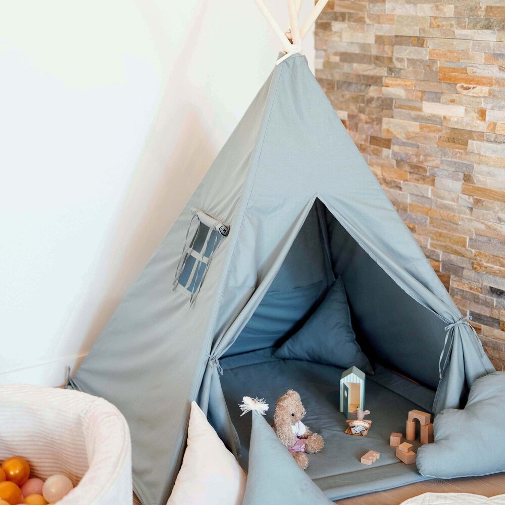 Tipi tent katoen + 2 kussens & speelmat Aqua