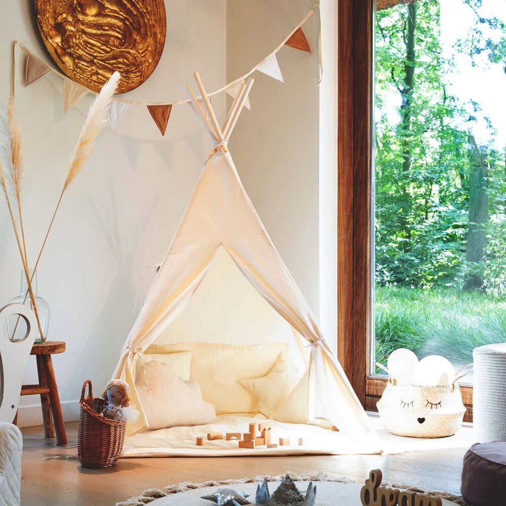 Tipi tent katoen + 2 kussens & speelmat Cream
