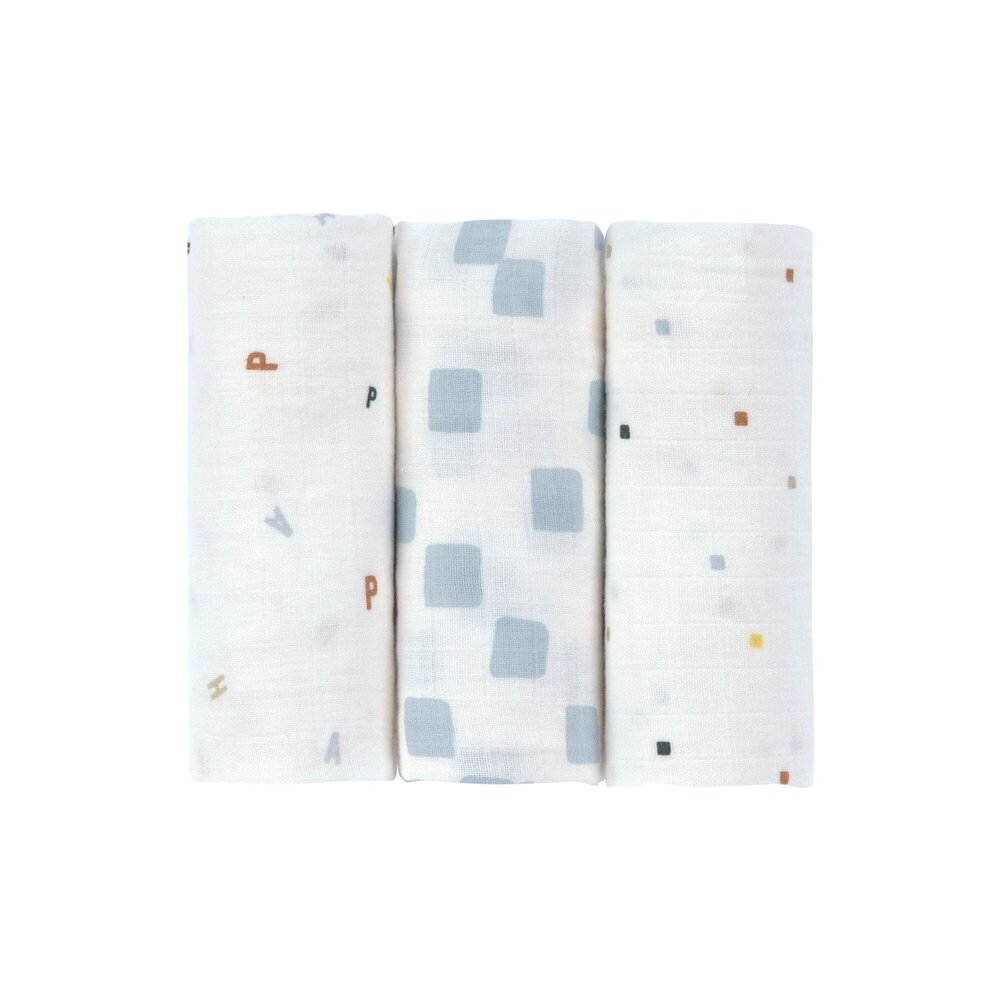 Swaddle & Burp Blanket M GOTS Happy Fruits 3 pcs, 60 x 60 cm Blue 