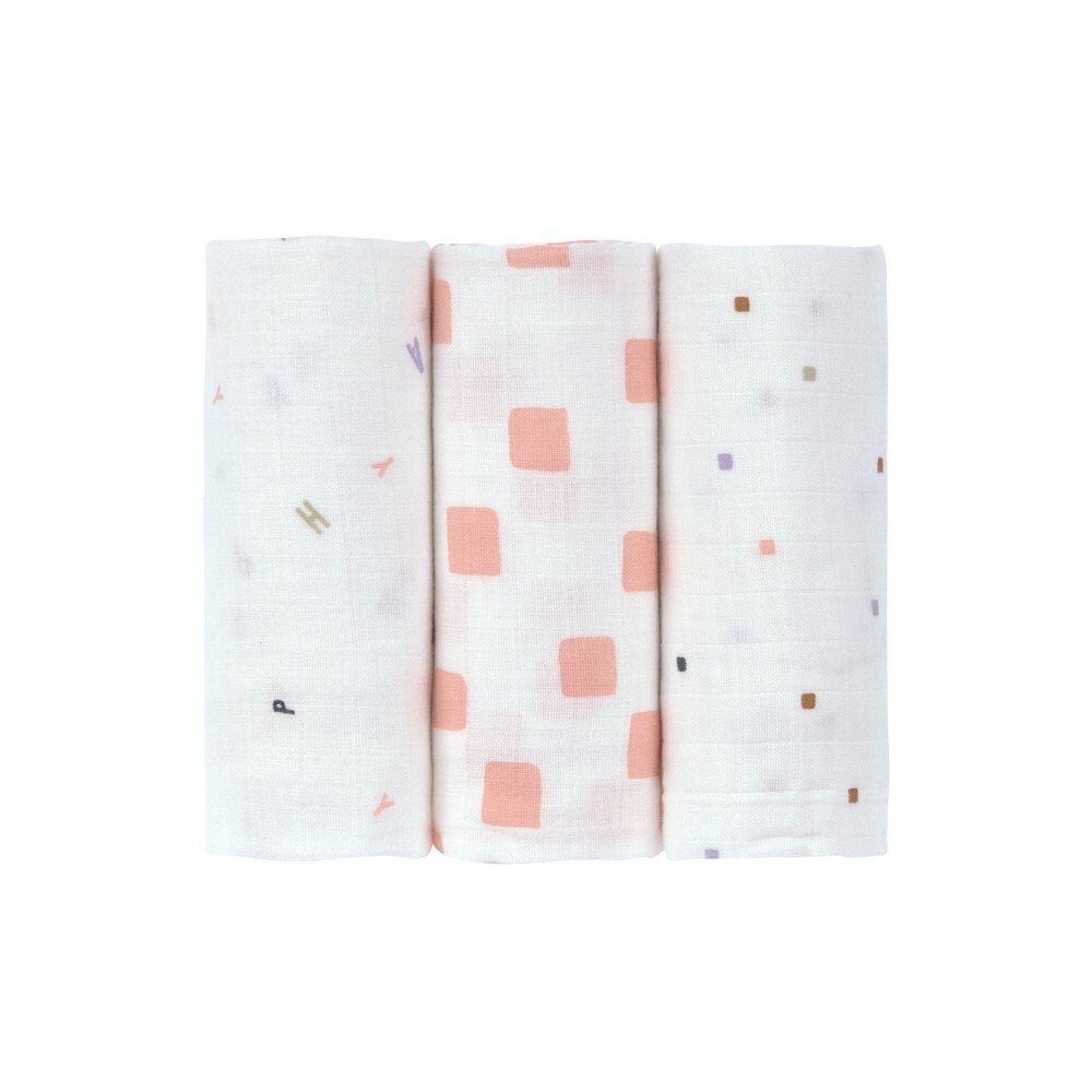 Swaddle & Burp Blanket M GOTS Happy Fruits 3 pcs, 60 x 60 cm peach