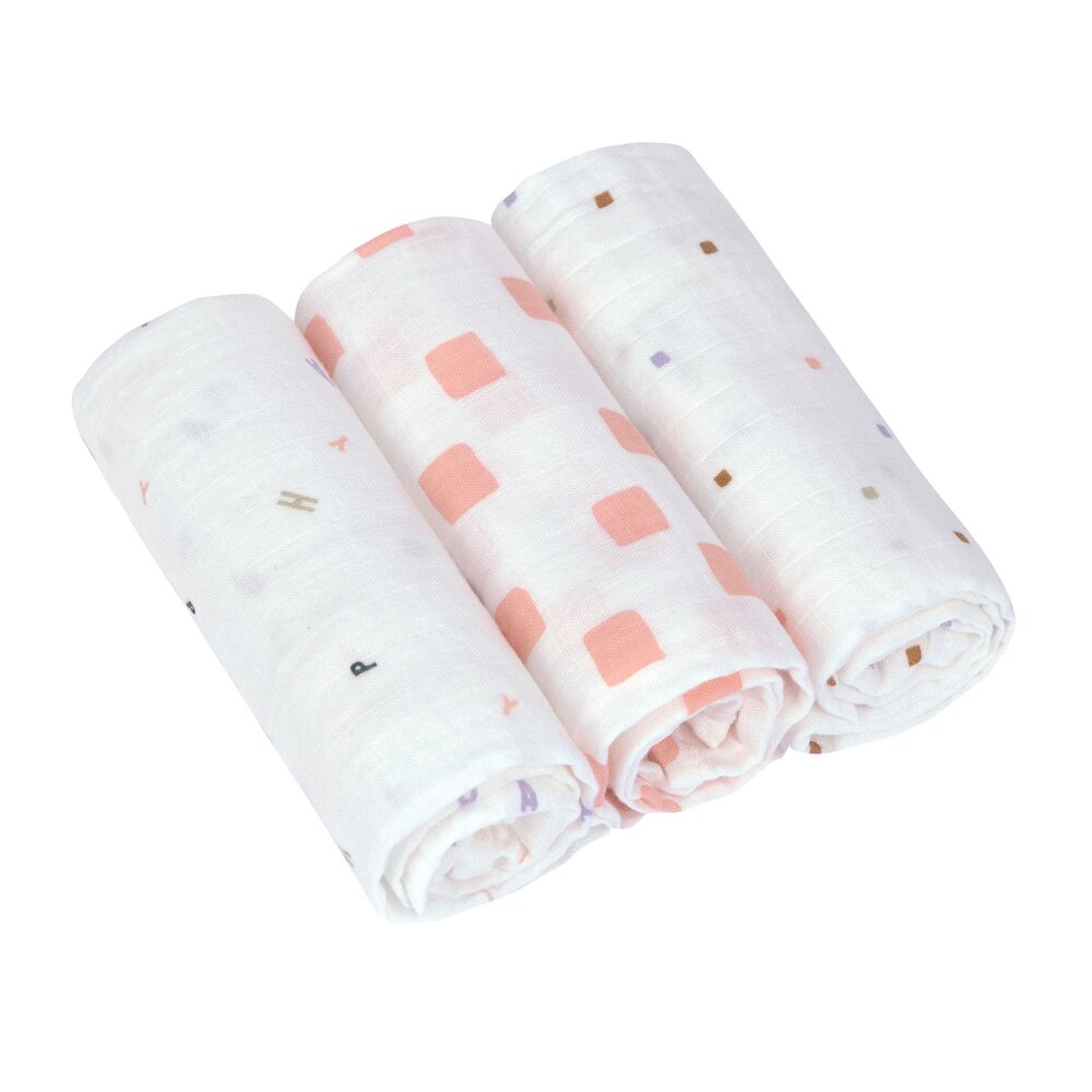 Swaddle & Burp Blanket M GOTS Happy Fruits 3 pcs, 60 x 60 cm peach