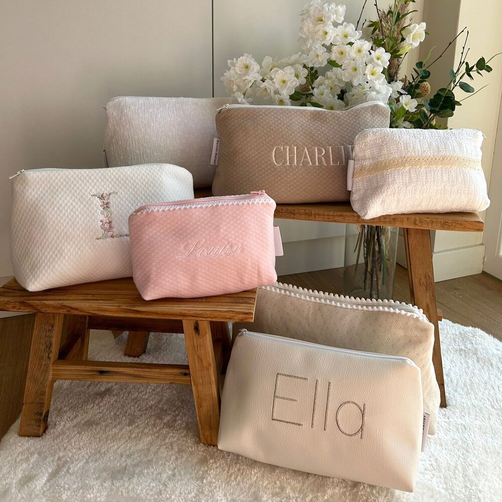 customized - Toilettas small poly leer + strik + afwerking paspel Beige