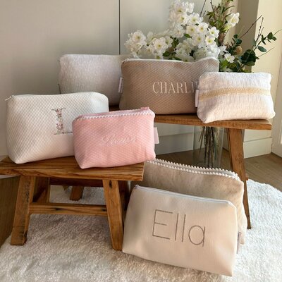 customized - Toilettas small poly leer + strik + afwerking paspel Beige