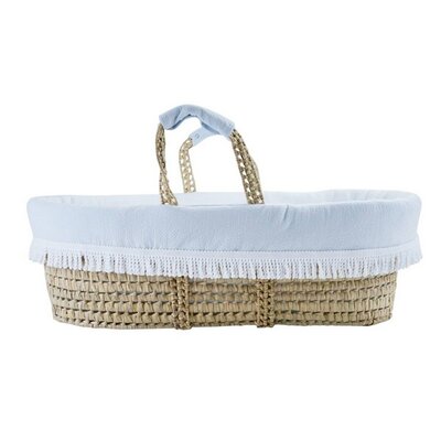 Rieten reiswieg + Aankleding blauw / gewafeld wit Blue garden party