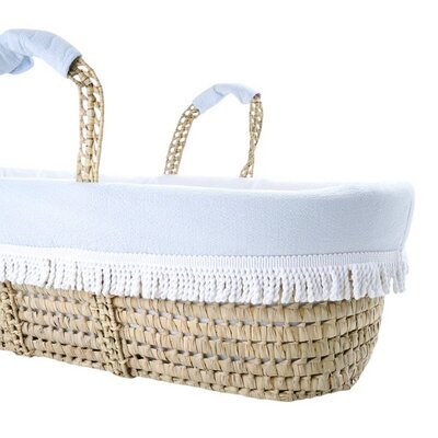Rieten reiswieg + Aankleding blauw / gewafeld wit Blue garden party