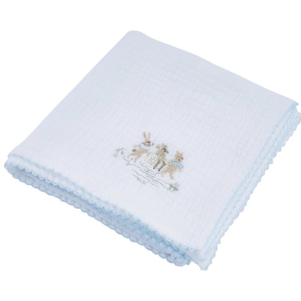 3 geborduurde tetra doekjes 60x60 + doos Blue garden party