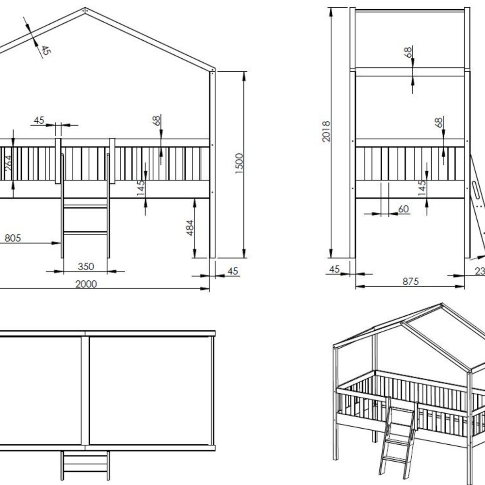 Dallas huisbed met ladder 90x200 cm Wit
