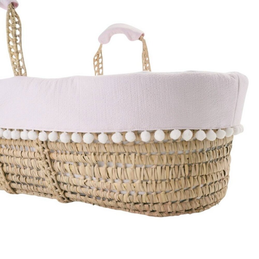 Rieten reiswieg + Aankleding roze / gewafeld wit Pink garden party