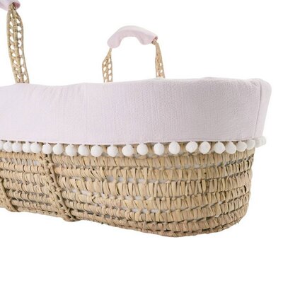 Rieten reiswieg + Aankleding roze / gewafeld wit Pink garden party