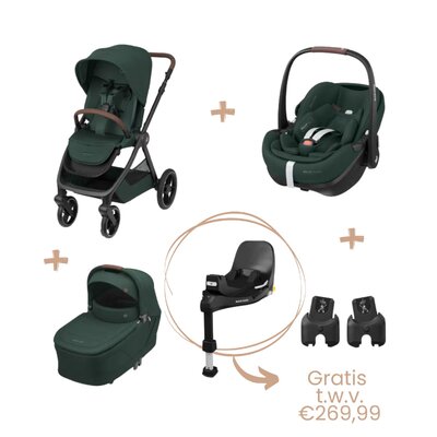 Oxford+ Bundel: kinderwagen + reiswieg + Pebble 360 Pro² + adapters + gratis FamilyFix 360 Pro base Twillic green