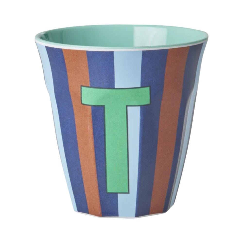 Melamine Letter beker T - Stripes - Medium - 250 m Bluish
