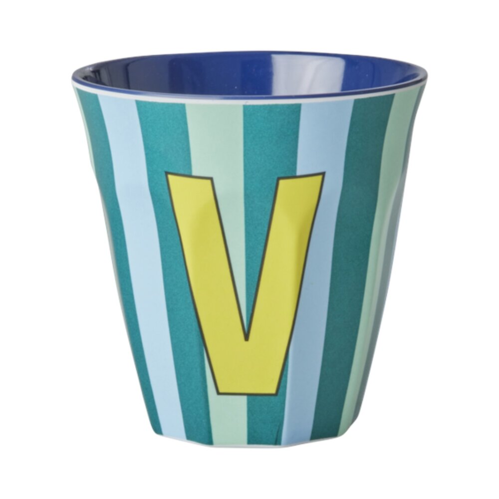 Melamine Letter beker V - Stripes - Medium - 250 m Bluish
