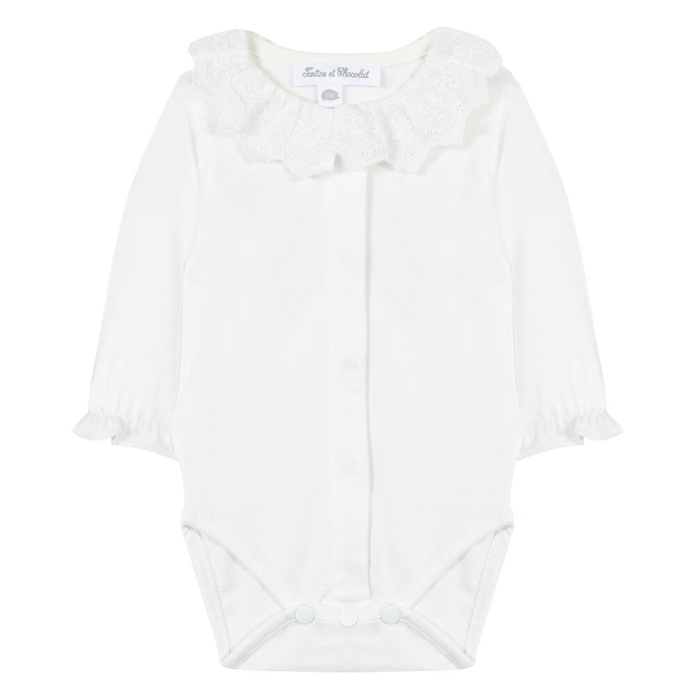 Body wit met sluiting vooraan en kanten kraagje Nacre