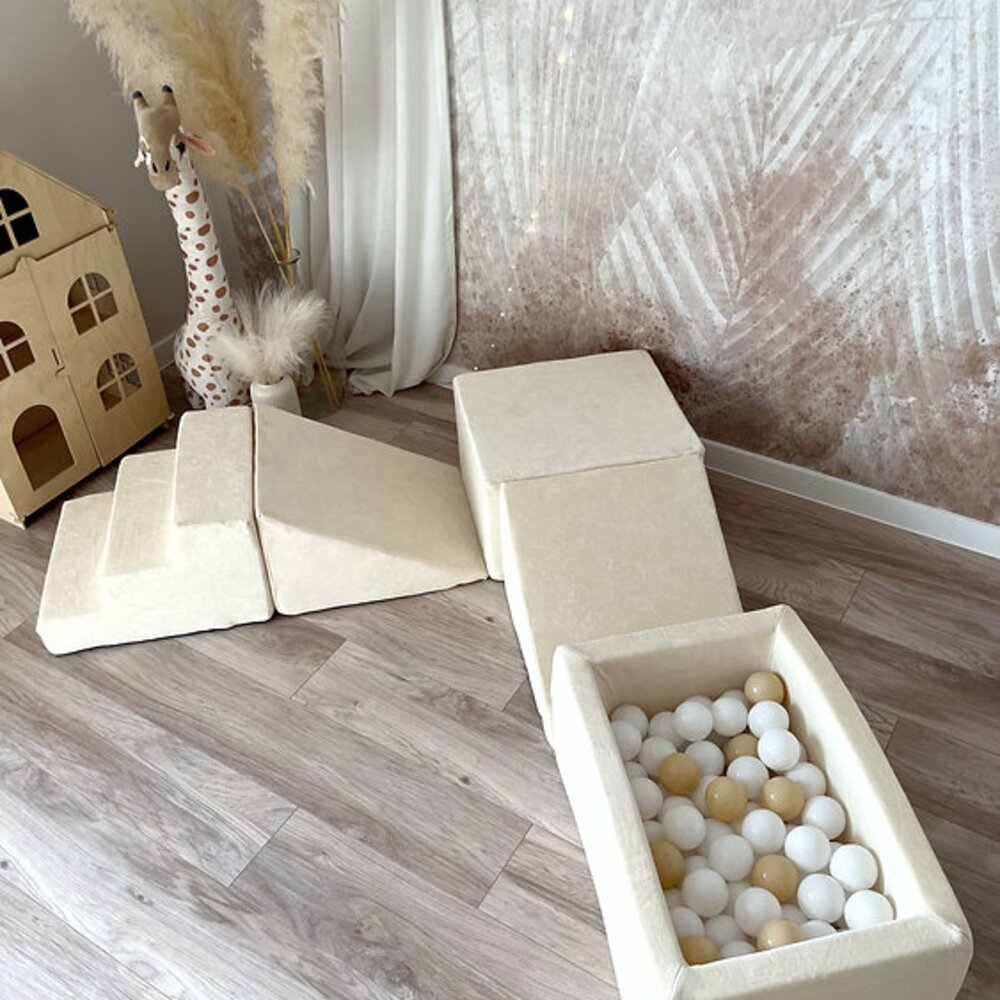 Foam speelset Soft Velvet (5 stuks) + ballenbad 65x35x30 + 100 ballen Ecru
