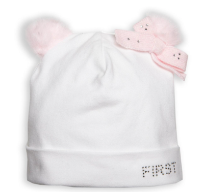 Babymuts met pomponen en strikje Wit/roze
