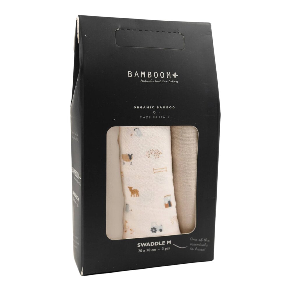 Swaddle Muslin Medium multifunctioneel - 75x75cm - set van 3 The Farm / Light Sand / Almond