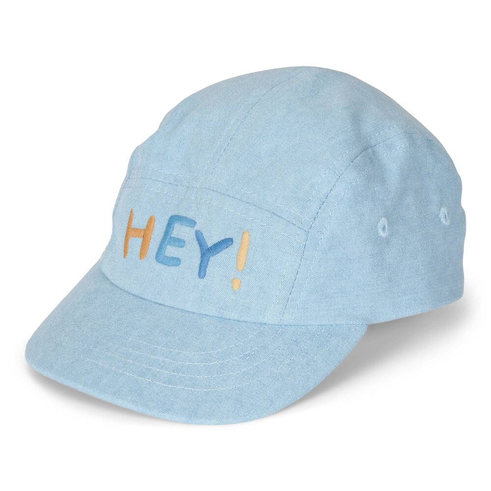 Pet denim met HEY! print Blauw
