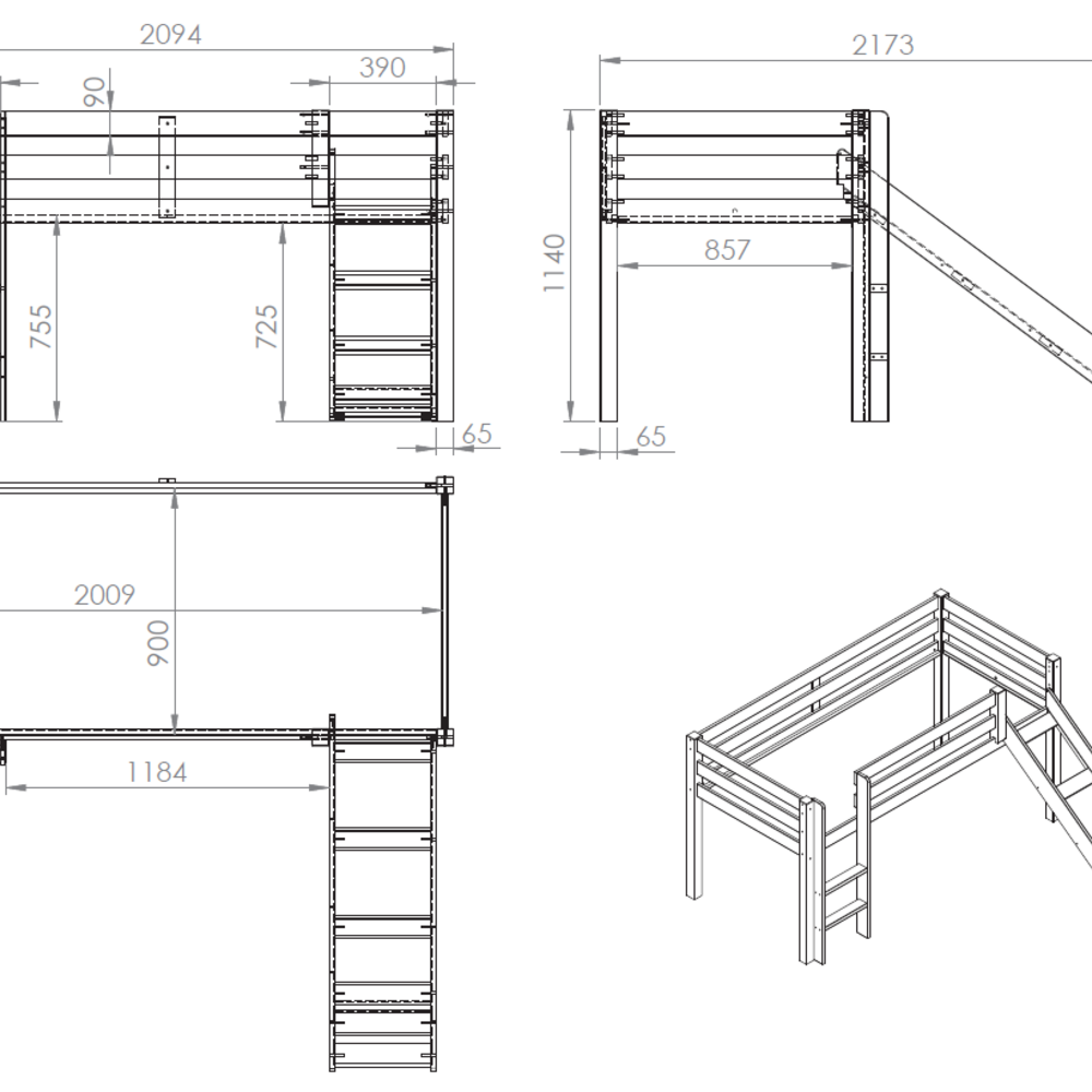 Pino halfhoogslaper (h 115cm) met glijbaan 90 x 20 Natuur