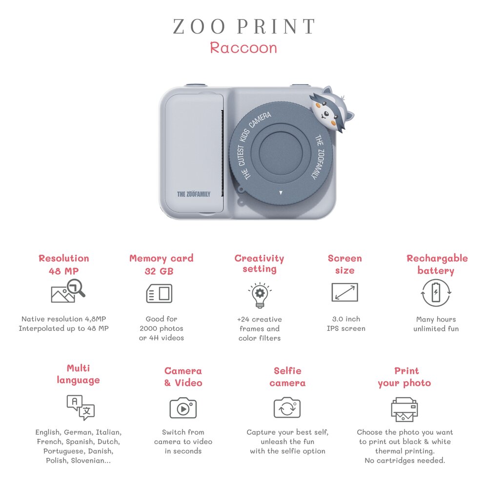 3-in-1 Instant print kindercamera Raccoon