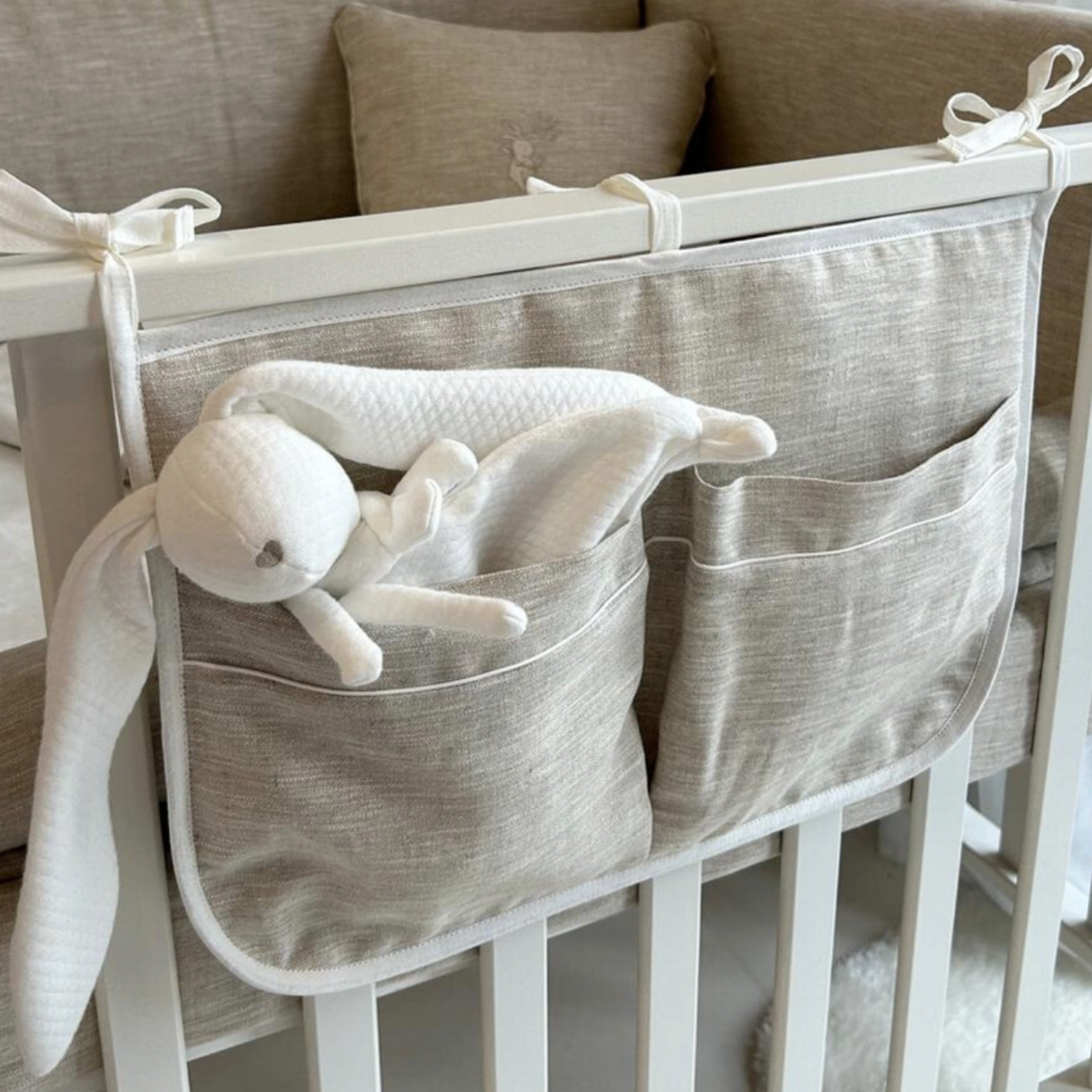 organiser park/bed linnen beige met afwerking biais katoen ivoor   