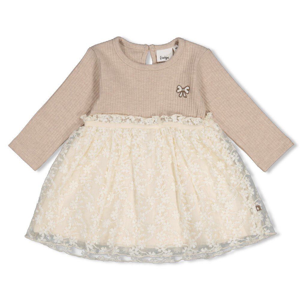 Jurk met geborduurd tule - Dress to Impress Taupe melange Jurk met geborduurd tule - Dress to Impress Taupe melange