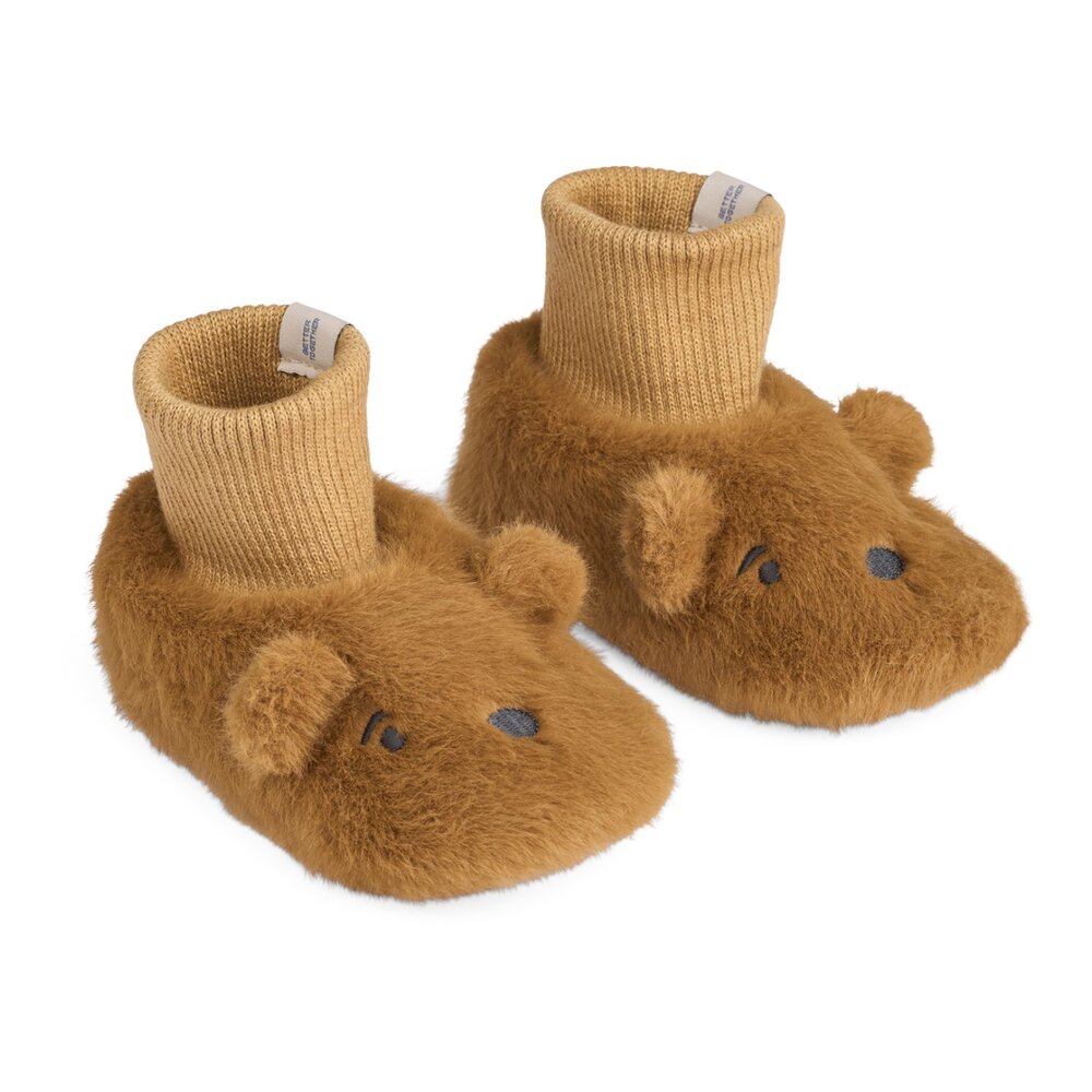 Beth Bear Plush Antislip babyslofjes Golden caramel Beth Bear Plush Antislip babyslofjes Golden caramel