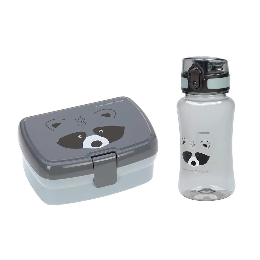 Lunch set about friends racoon (lunchbox + Drinkfles) grijs