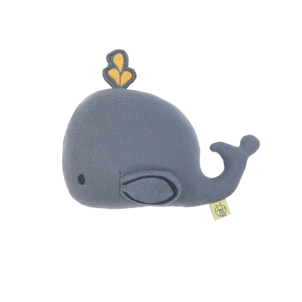 Knitted toy with rattle/crackle little water whale blauw