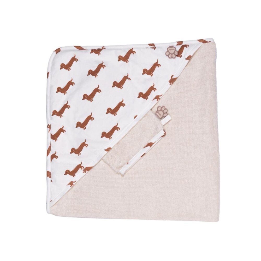 Badcape+washand teckel allover taupe